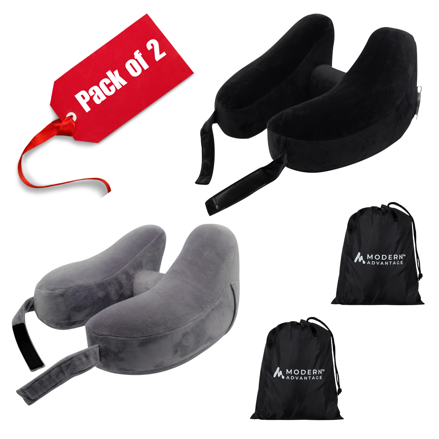 Modern Advantage Inflatable Travel Neck Pillow - BLACK+GREY (2 pack)