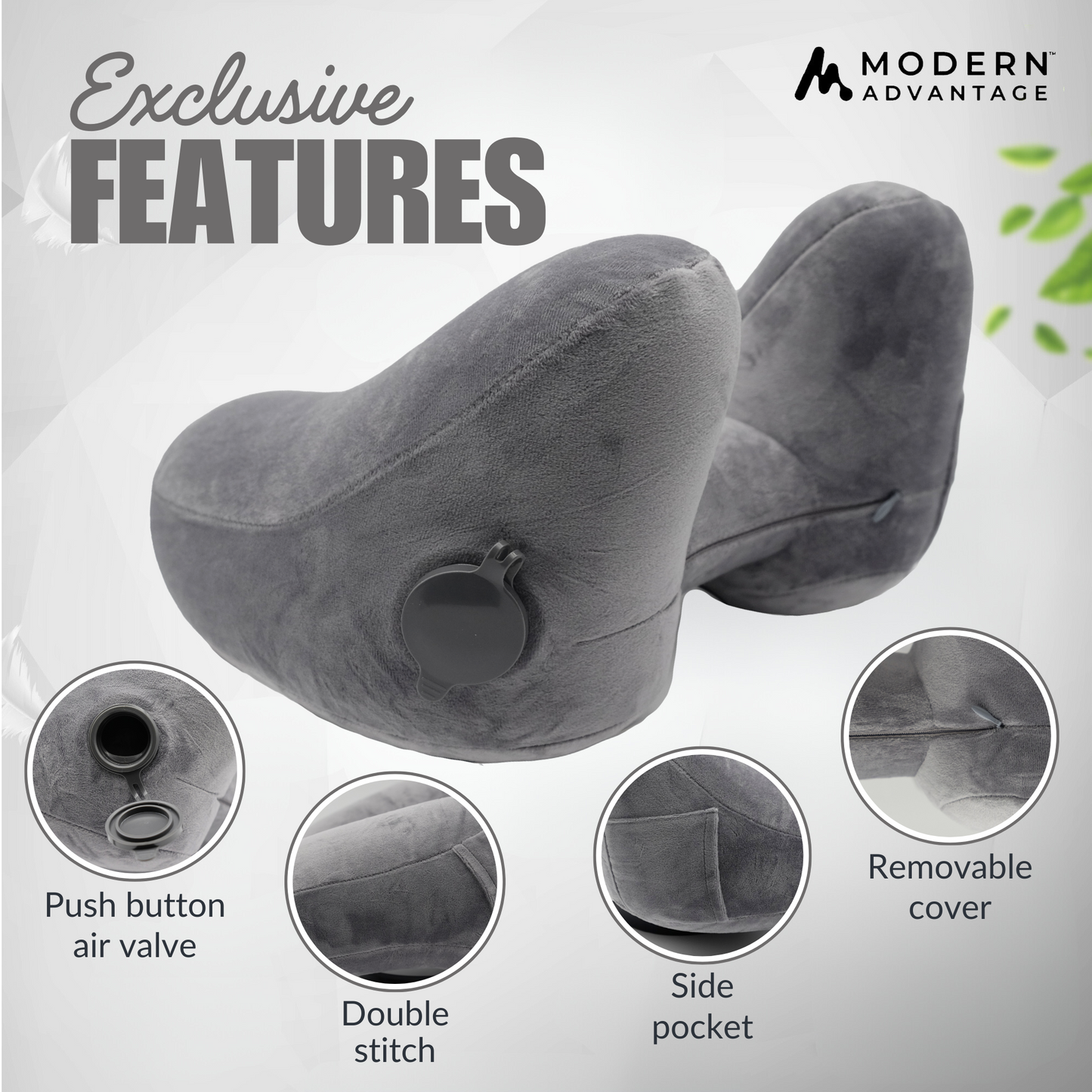 Modern Advantage Inflatable Travel Neck Pillow - BLACK+GREY (2 pack)