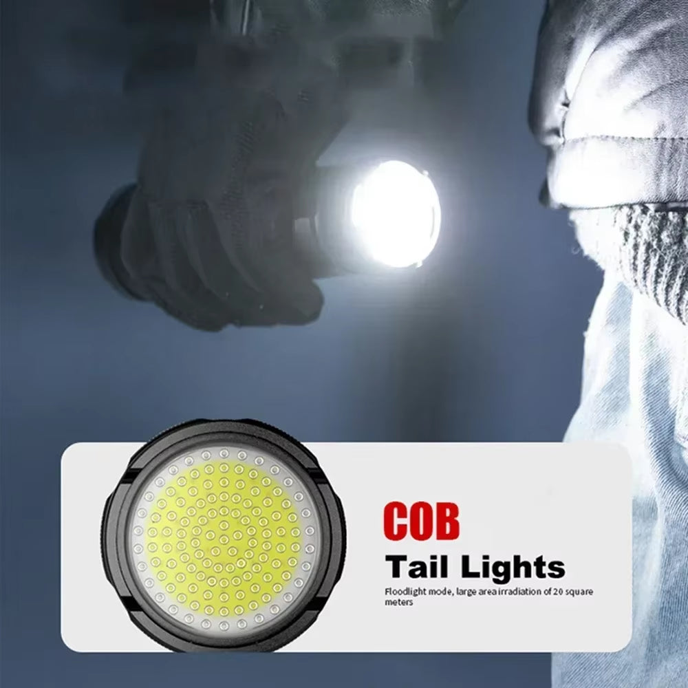 Ultra Bright LED Flashlight Powerful Tactical Torch 15000Mah Built-In Battery Emergency Camping Spotlights with Tail Light
