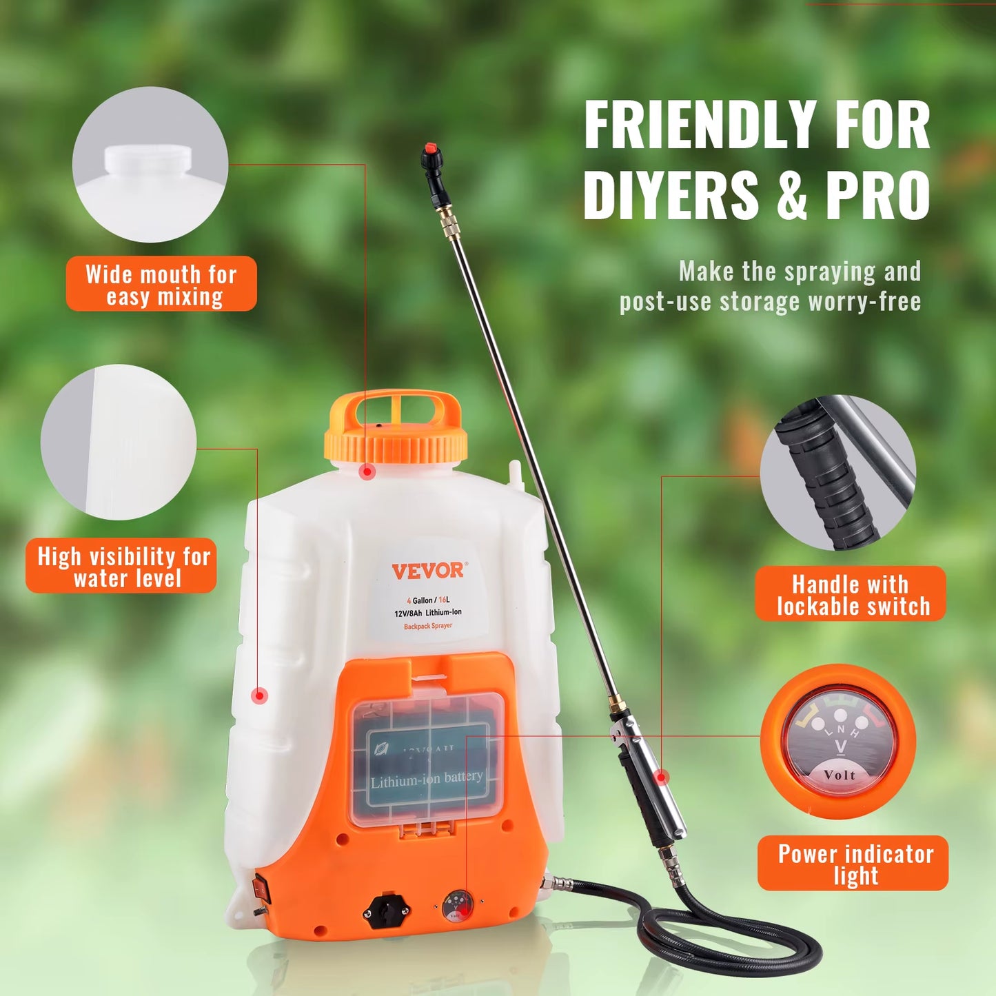 VEVOR Battery Powered Backpack Sprayer Adjustable Pressure 4 Gallon Tank with 8/ 6 Nozzles 2 Wands for Weeding Spraying Cleaning