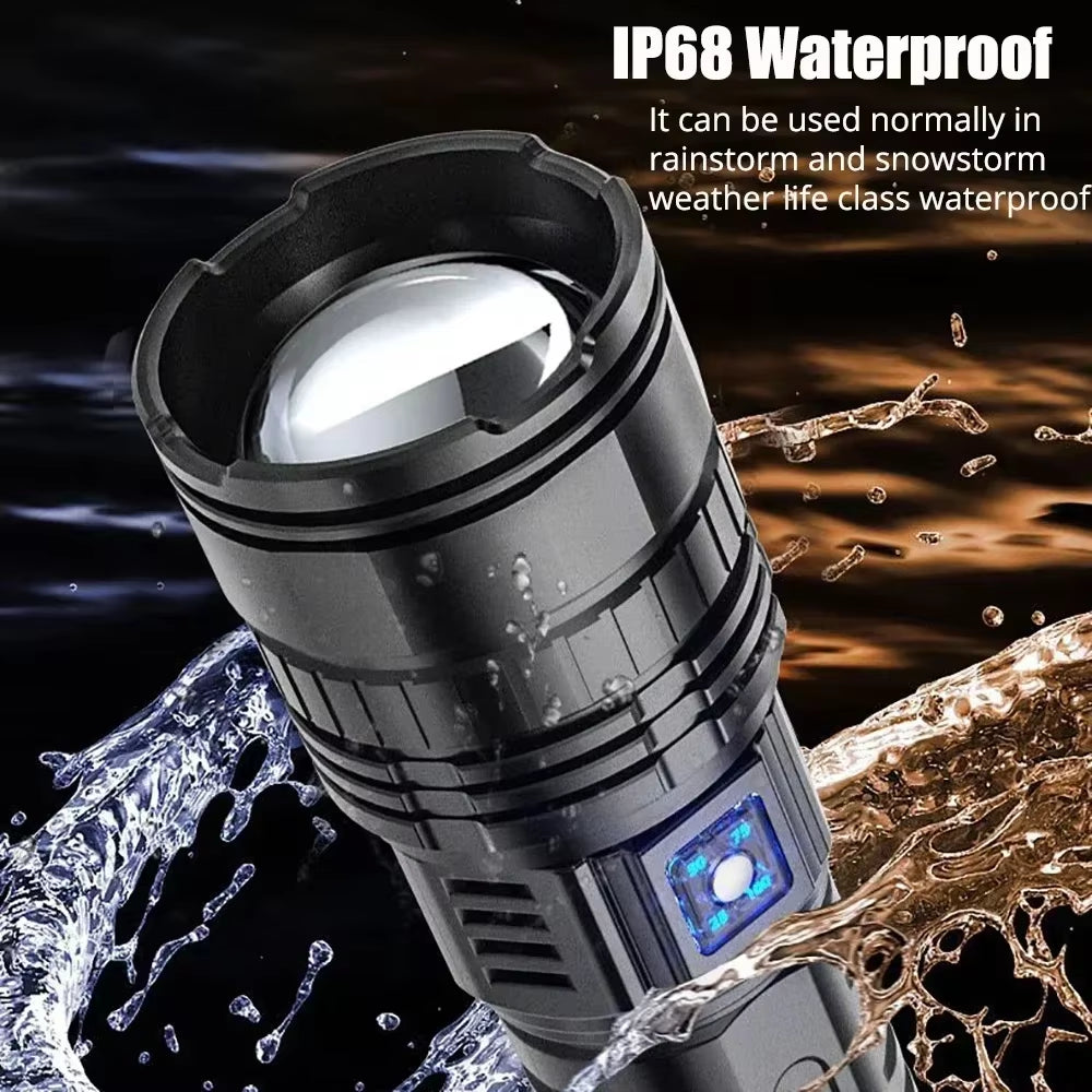 Ultra Bright LED Flashlight Powerful Tactical Torch 15000Mah Built-In Battery Emergency Camping Spotlights with Tail Light