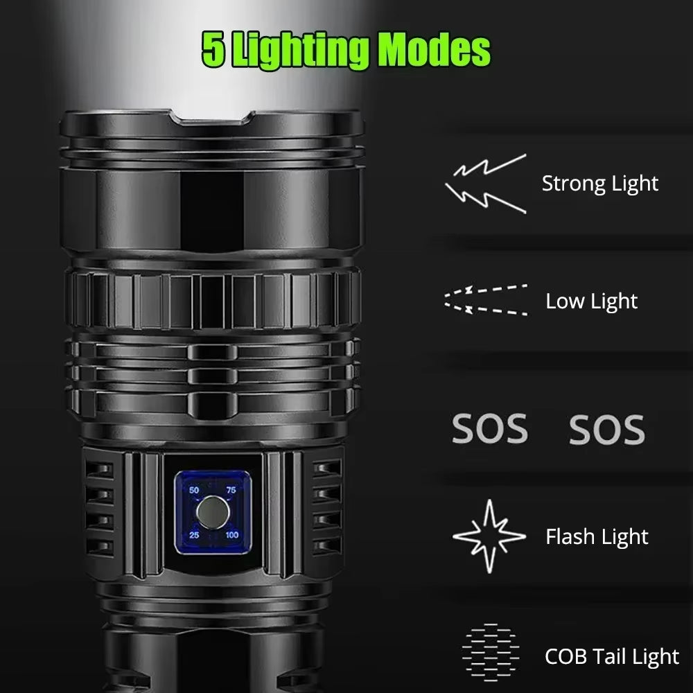 Ultra Bright LED Flashlight Powerful Tactical Torch 15000Mah Built-In Battery Emergency Camping Spotlights with Tail Light
