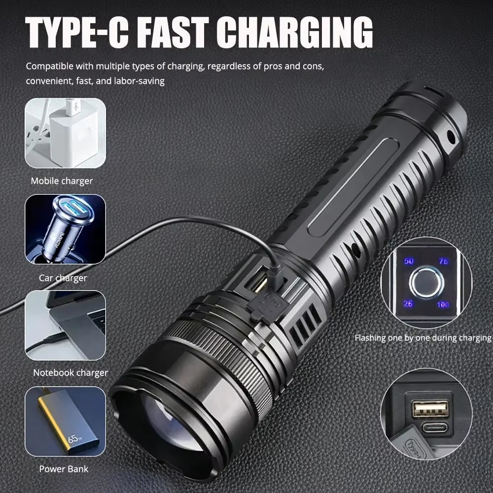 Ultra Bright LED Flashlight Powerful Tactical Torch 15000Mah Built-In Battery Emergency Camping Spotlights with Tail Light