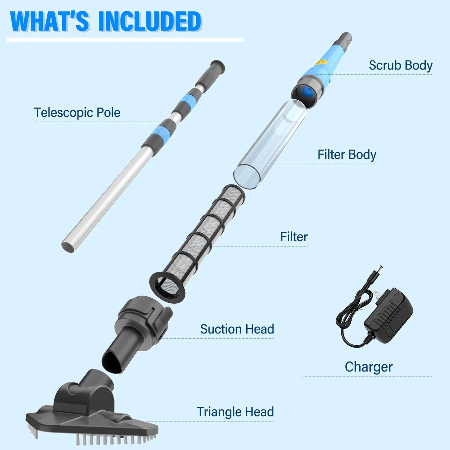 Handheld Pool Vacuum, Cordless Pool Vacuum with Running Time up to 60-Minutes for Small above Ground Pools, Hot Tubs and Spas (Light Blue)