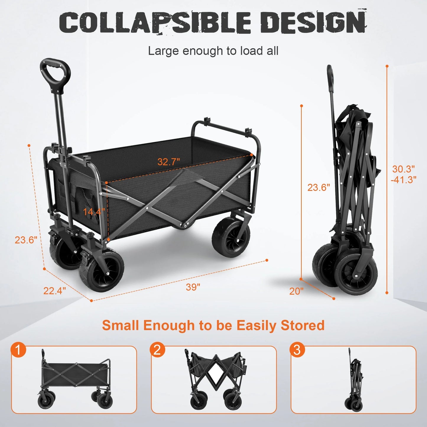 Collapsible Folding Wagon Cart, 560Lbs Heavy Duty Garden Wagon, 155L Large Capacity Utility Foldable Beach Cart with All-Terrain Wheels for Outdoor Camping, Shopping, Sports, Grocery, Black