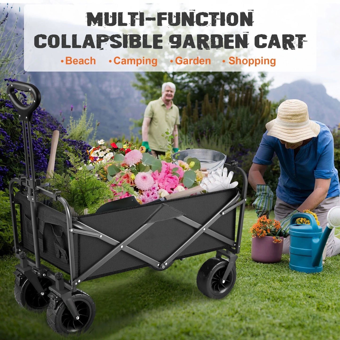 Collapsible Folding Wagon Cart, 560Lbs Heavy Duty Garden Wagon, 155L Large Capacity Utility Foldable Beach Cart with All-Terrain Wheels for Outdoor Camping, Shopping, Sports, Grocery, Black