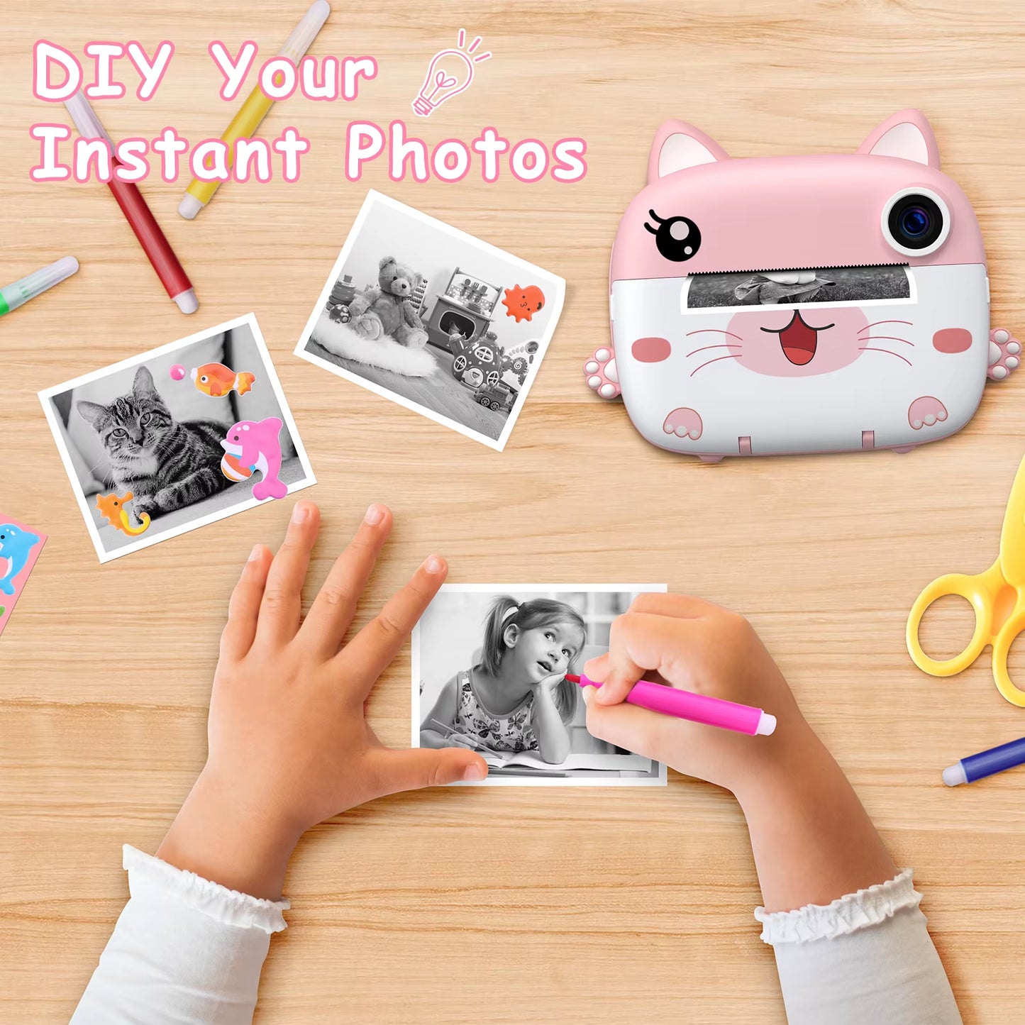 Kids Instant Print Camera 2.4 Inch 1080P Digital Camera Portable Cartoon Video Camera with 32GB Card & 5 Color Pens