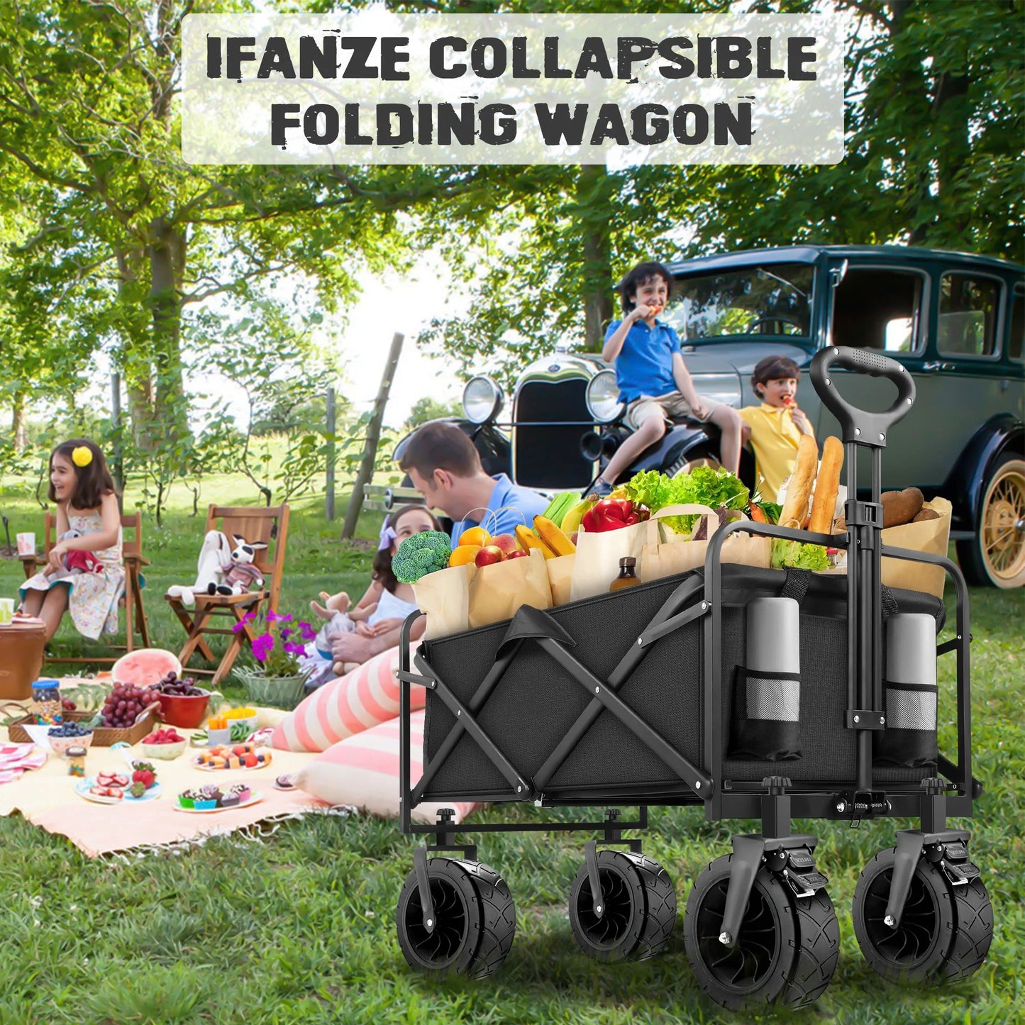 Collapsible Folding Wagon Cart, 560Lbs Heavy Duty Garden Wagon, 155L Large Capacity Utility Foldable Beach Cart with All-Terrain Wheels for Outdoor Camping, Shopping, Sports, Grocery, Black