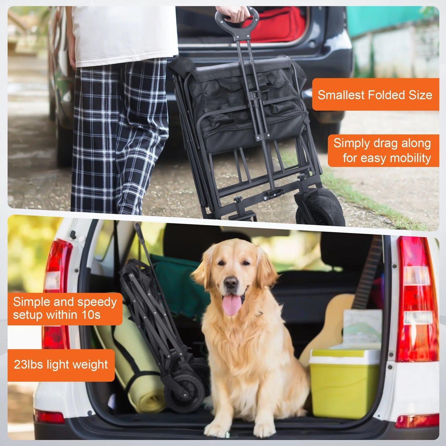 Collapsible Folding Wagon Cart, 560Lbs Heavy Duty Garden Wagon, 155L Large Capacity Utility Foldable Beach Cart with All-Terrain Wheels for Outdoor Camping, Shopping, Sports, Grocery, Black