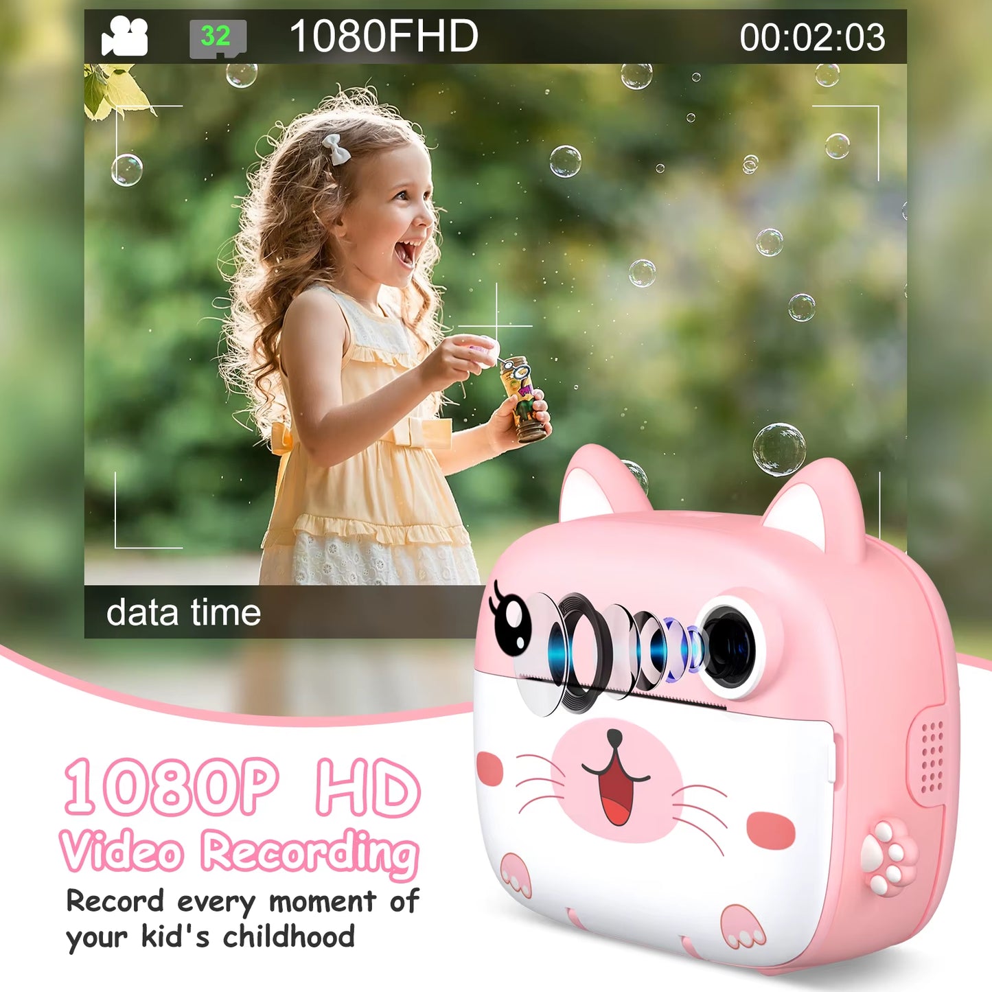 Kids Instant Print Camera 2.4 Inch 1080P Digital Camera Portable Cartoon Video Camera with 32GB Card & 5 Color Pens