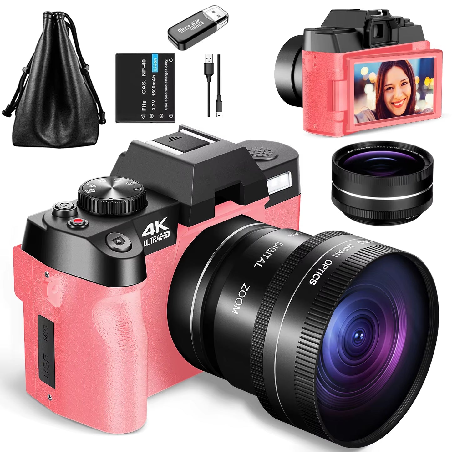 Macro Lens 4K Pink Digital Camera Flip Screen Selfie Camera 48MP Youtube Vlog WIFI Network Camera 16X Digital Zoom