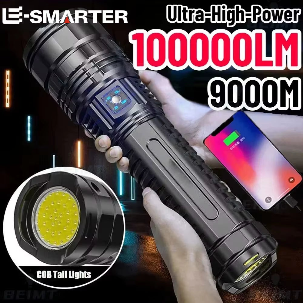Ultra Bright LED Flashlight Powerful Tactical Torch 15000Mah Built-In Battery Emergency Camping Spotlights with Tail Light