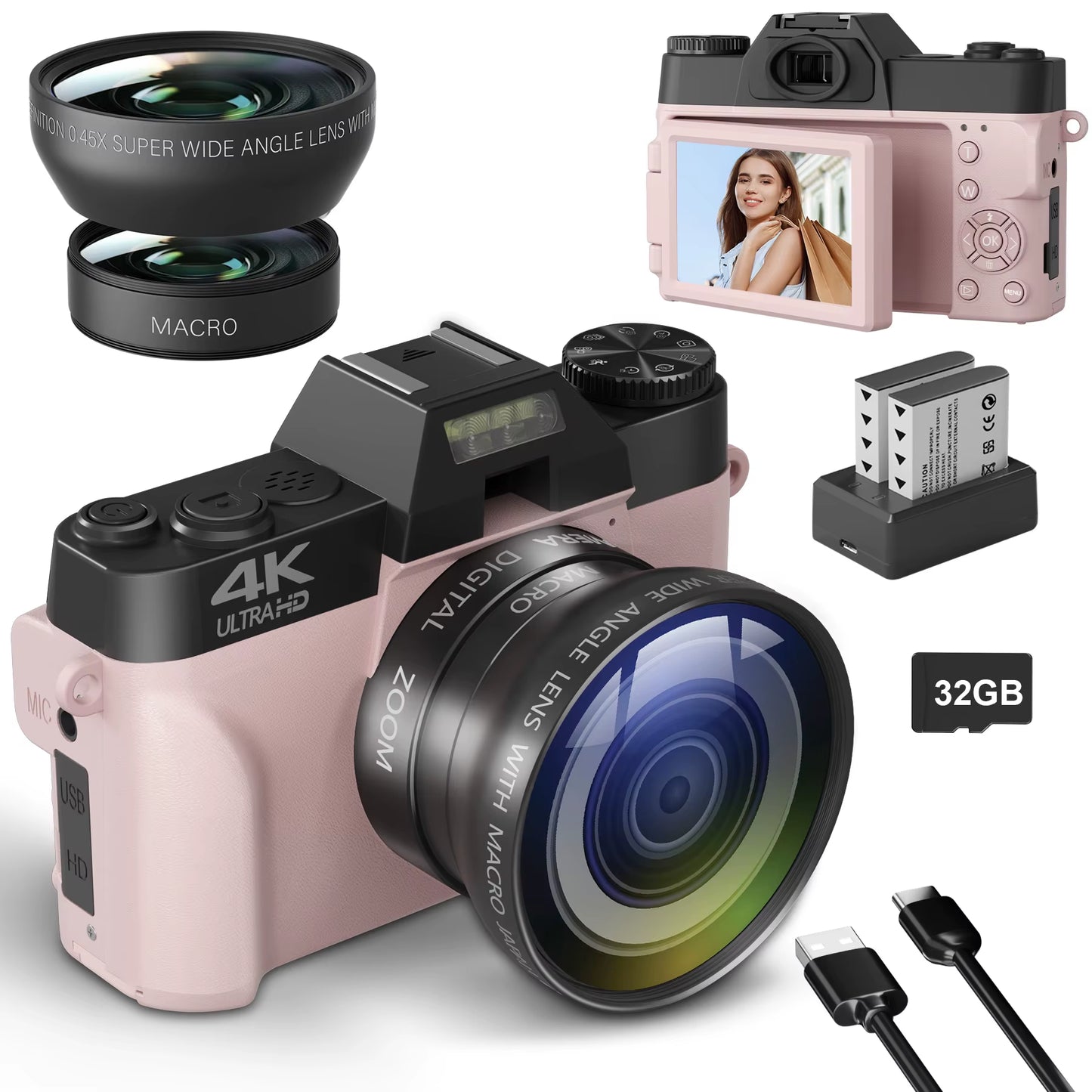 Compact Digital Photography Camera 4K WIFI Webcam Retro Vlog Recorder Youtube 64MP Camcorder 3 Inch Flip Screen Wide Angle Lens