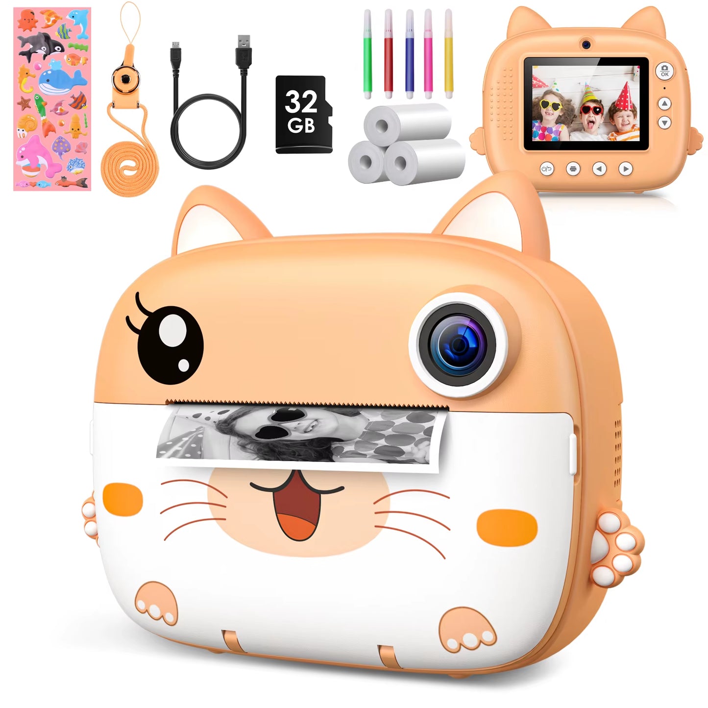 Kids Instant Print Camera 2.4 Inch 1080P Digital Camera Portable Cartoon Video Camera with 32GB Card & 5 Color Pens