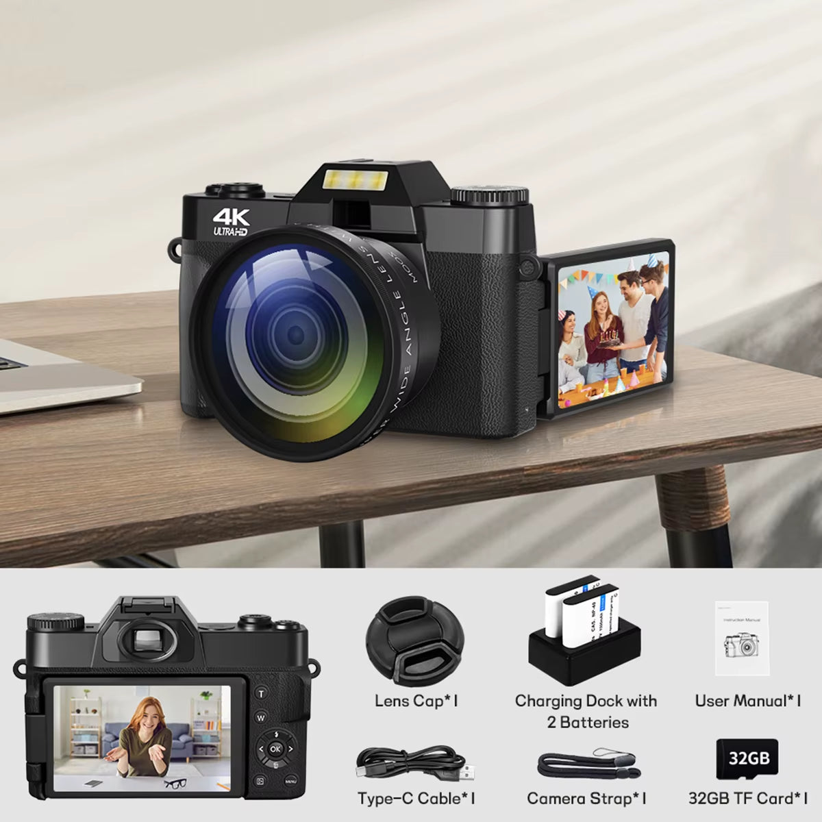 Compact Digital Photography Camera 4K WIFI Webcam Retro Vlog Recorder Youtube 64MP Camcorder 3 Inch Flip Screen Wide Angle Lens