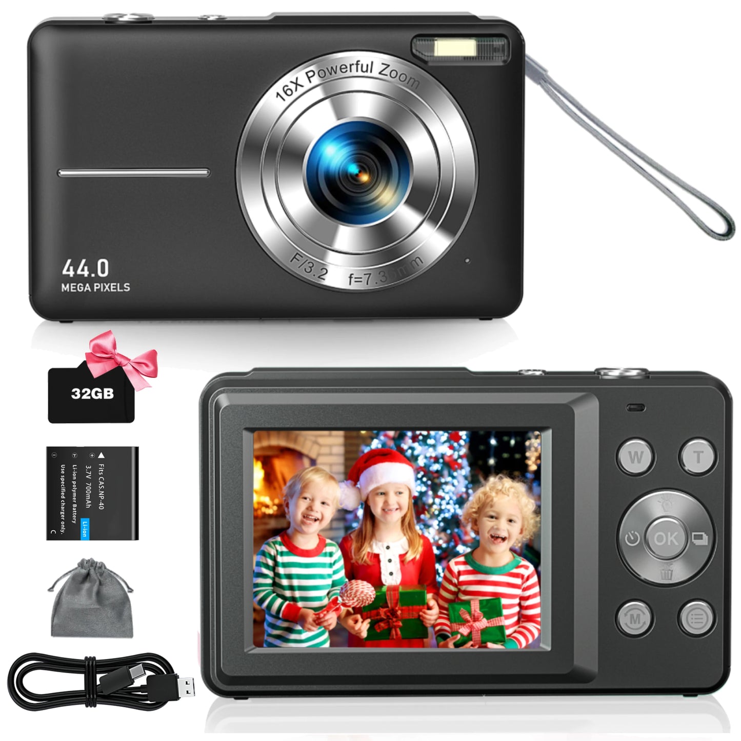 FHD 1080P Digital Camera for Kids Video Camera with 32GB SD Card 16X Digital Zoom Compact Point and Shoot Camera for Students