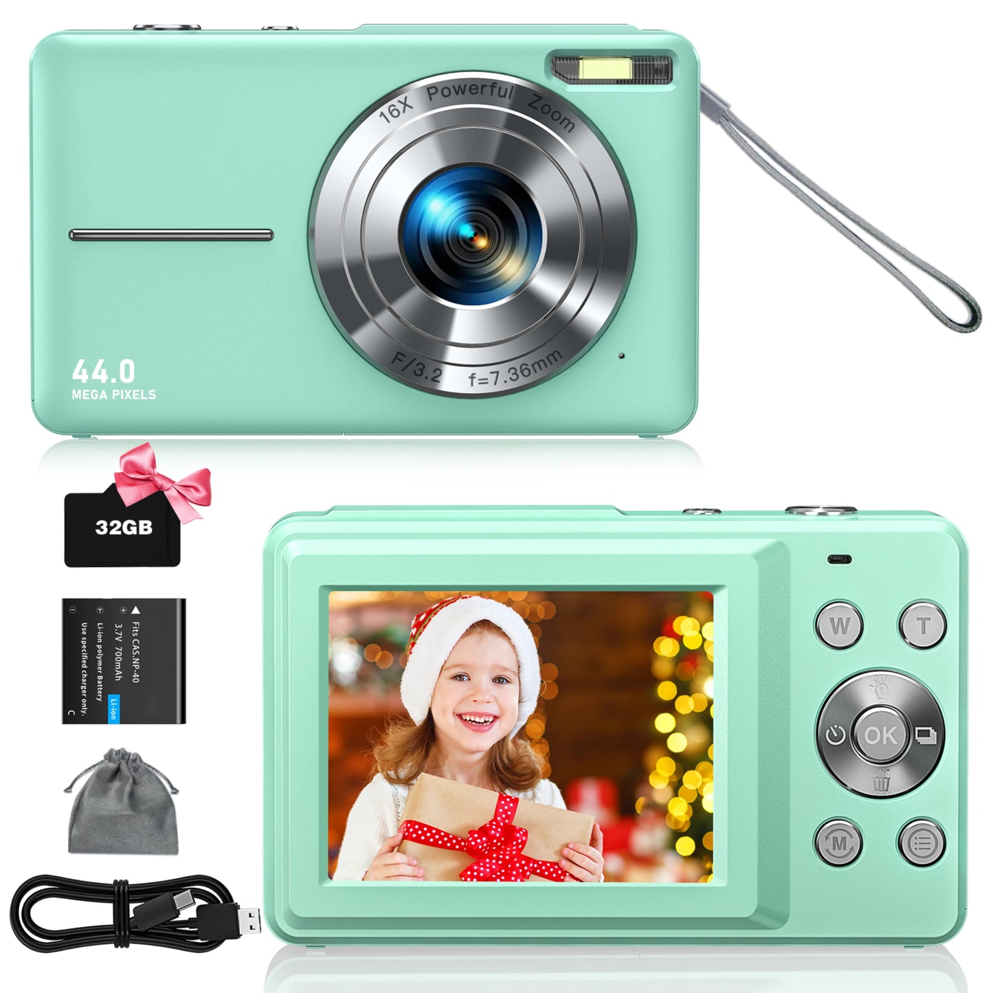 FHD 1080P Digital Camera for Kids Video Camera with 32GB SD Card 16X Digital Zoom Compact Point and Shoot Camera for Students