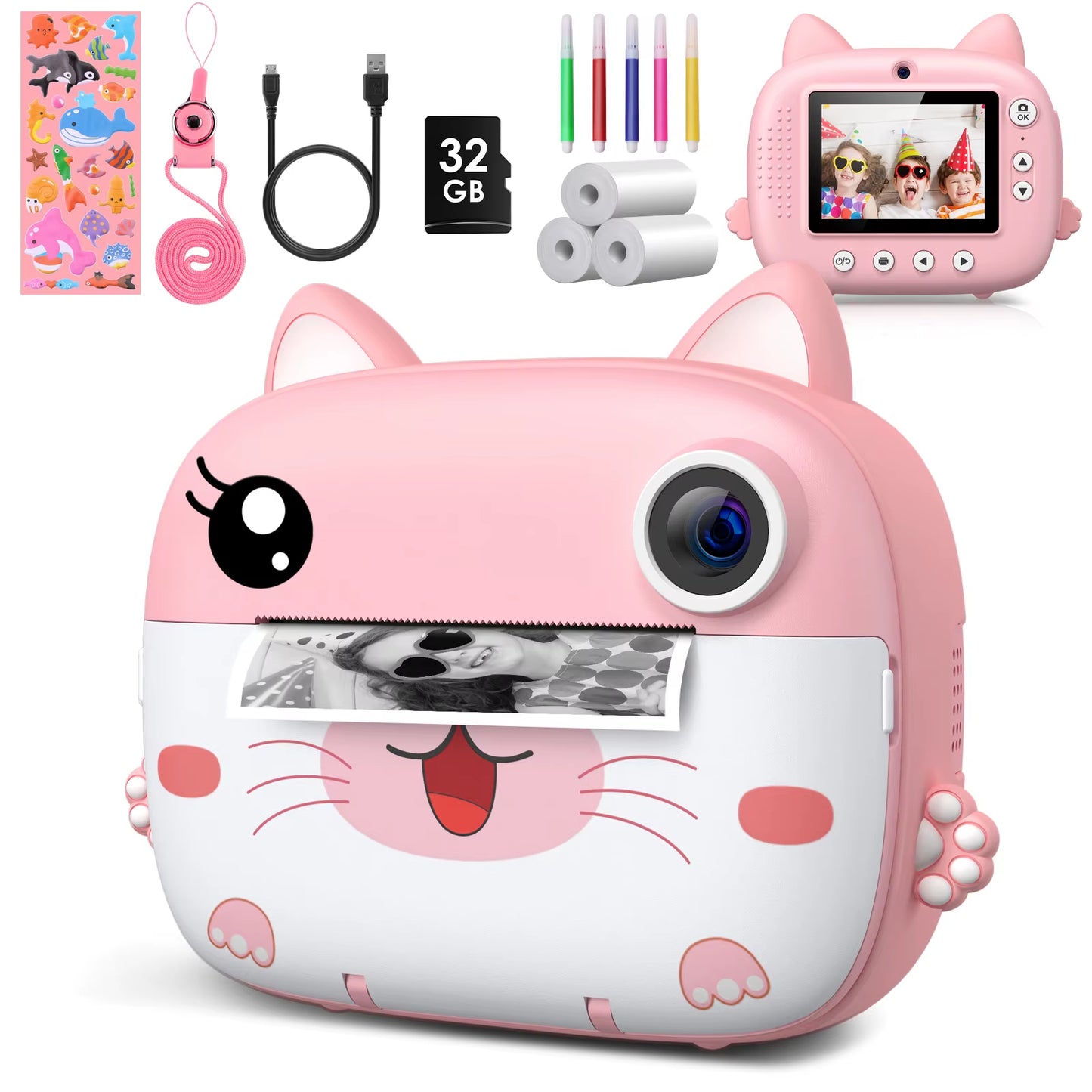 Kids Instant Print Camera 2.4 Inch 1080P Digital Camera Portable Cartoon Video Camera with 32GB Card & 5 Color Pens