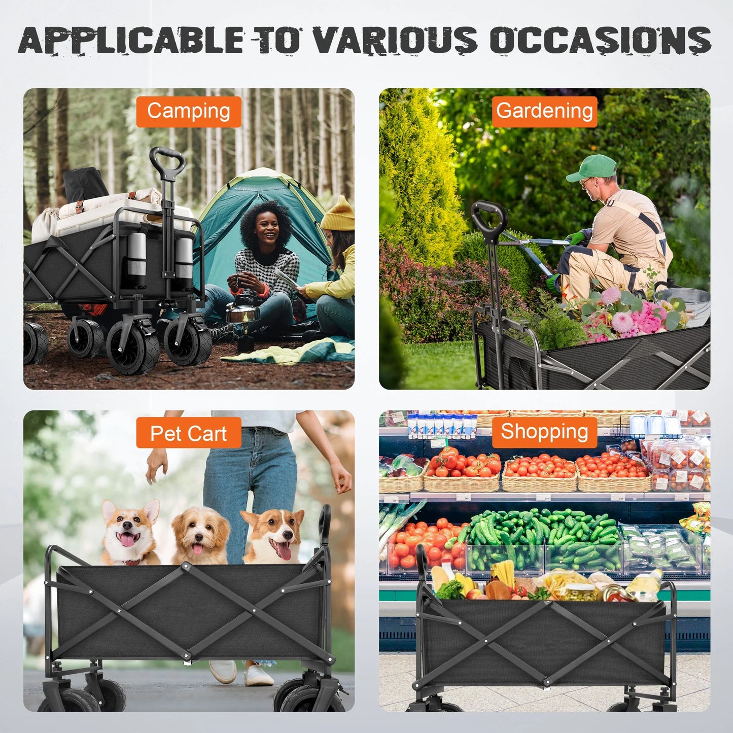 Collapsible Folding Wagon Cart, 560Lbs Heavy Duty Garden Wagon, 155L Large Capacity Utility Foldable Beach Cart with All-Terrain Wheels for Outdoor Camping, Shopping, Sports, Grocery, Black
