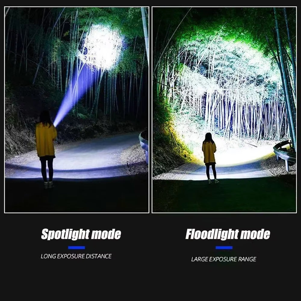 Ultra Bright LED Flashlight Powerful Tactical Torch 15000Mah Built-In Battery Emergency Camping Spotlights with Tail Light