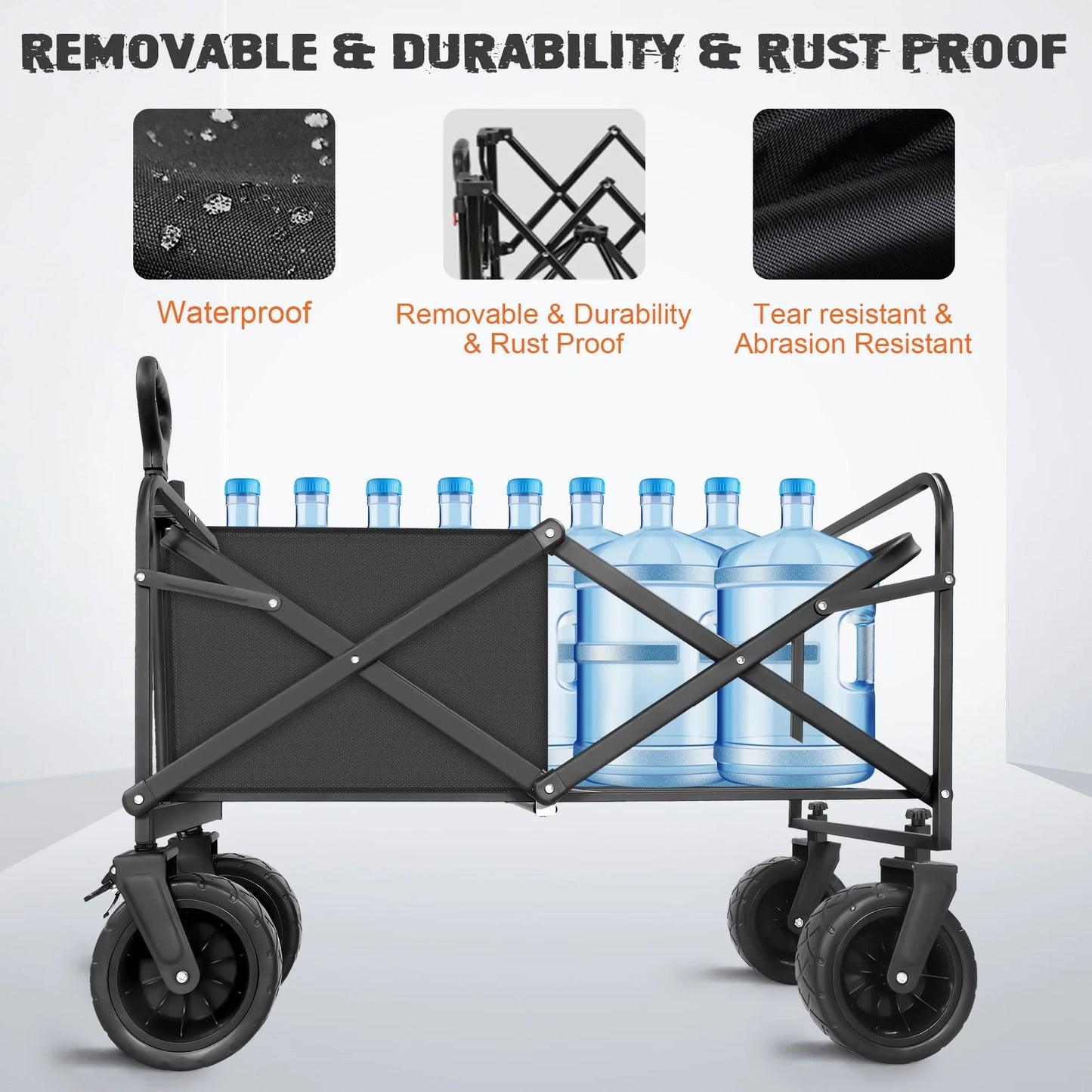 Collapsible Folding Wagon Cart, 560Lbs Heavy Duty Garden Wagon, 155L Large Capacity Utility Foldable Beach Cart with All-Terrain Wheels for Outdoor Camping, Shopping, Sports, Grocery, Black