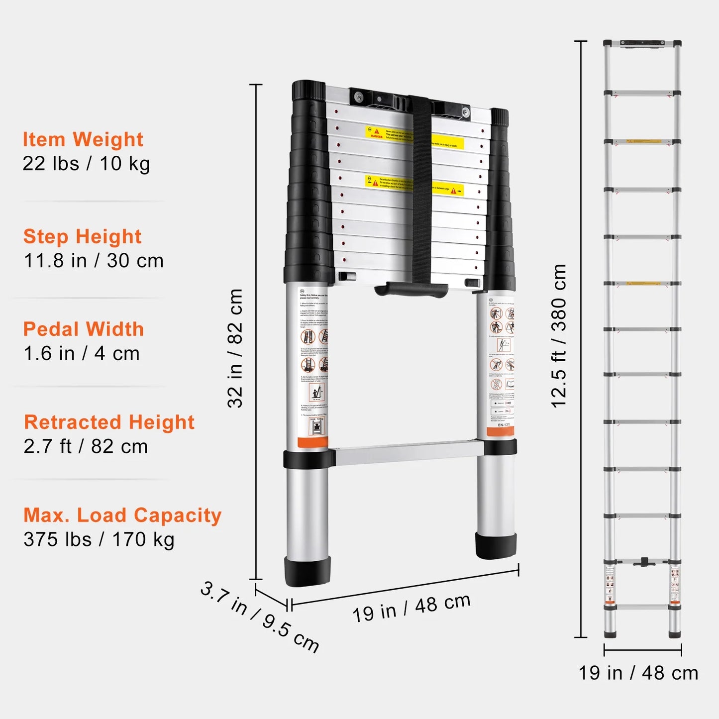 12.5FT Telescoping Ladder 375Lbs Load Capacity Aluminum Telescopic Extension Ladder, Multi-Purpose Collapsible Ladder for RV, Home or Outdoor Work