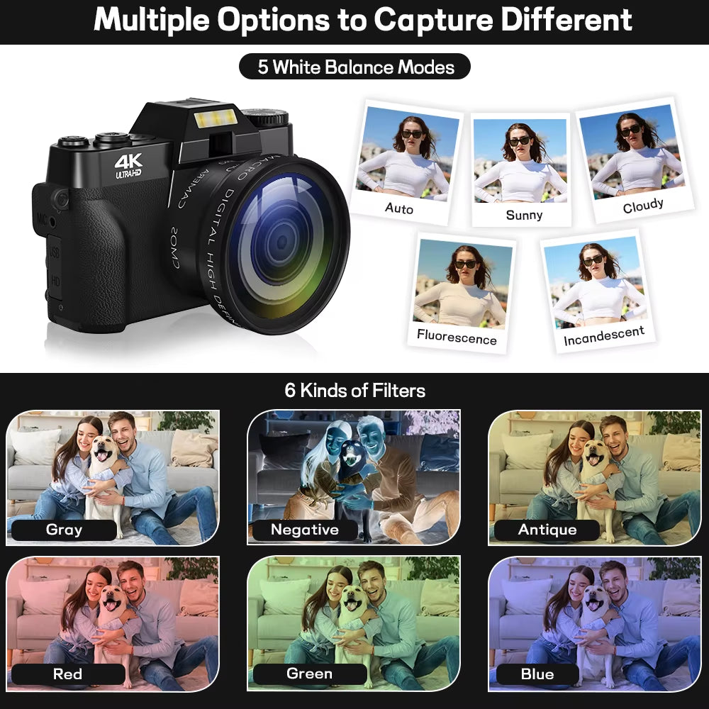 Compact Digital Photography Camera 4K WIFI Webcam Retro Vlog Recorder Youtube 64MP Camcorder 3 Inch Flip Screen Wide Angle Lens