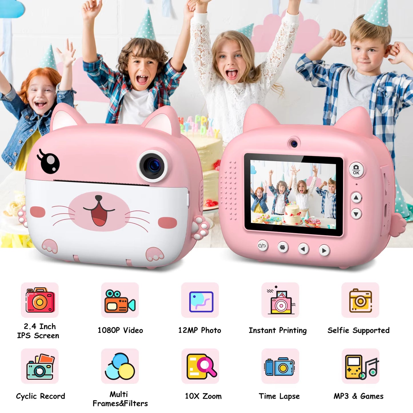 Kids Instant Print Camera 2.4 Inch 1080P Digital Camera Portable Cartoon Video Camera with 32GB Card & 5 Color Pens