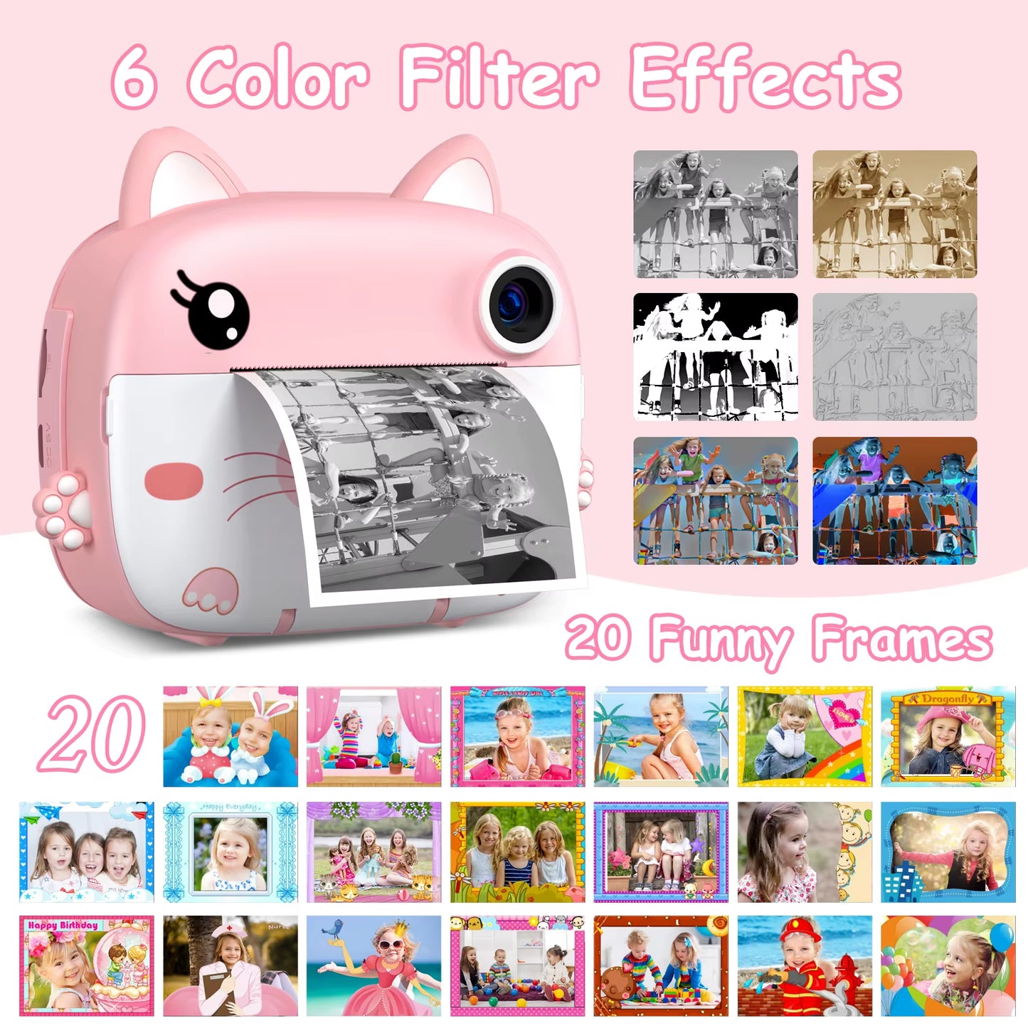 Kids Instant Print Camera 2.4 Inch 1080P Digital Camera Portable Cartoon Video Camera with 32GB Card & 5 Color Pens