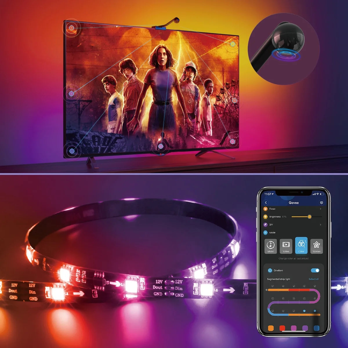 Stranger Things Indoor RGBIC LED TV Backlight with Camera for 55-65 Inch Tvs and Pcs, Corded Electric, App Controlled
