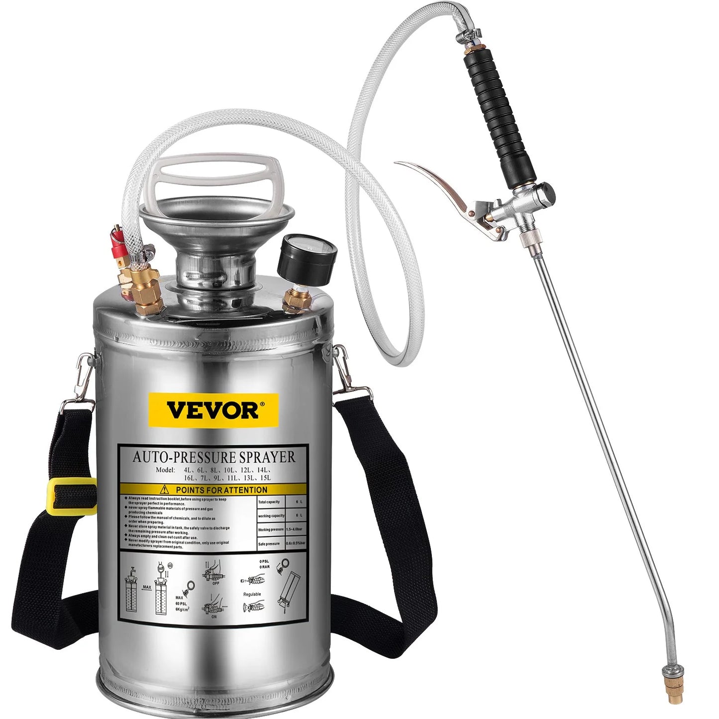 VEVOR 1.5Gal Stainless Steel Sprayer, Set with 16 Wand& Handle& 3.3FT Reinforced Hose, Hand Pump Sprayer with Pressure Gauge&Safety Valve, Adjustable Nozzle Suitable for Gardening& Sanitizing