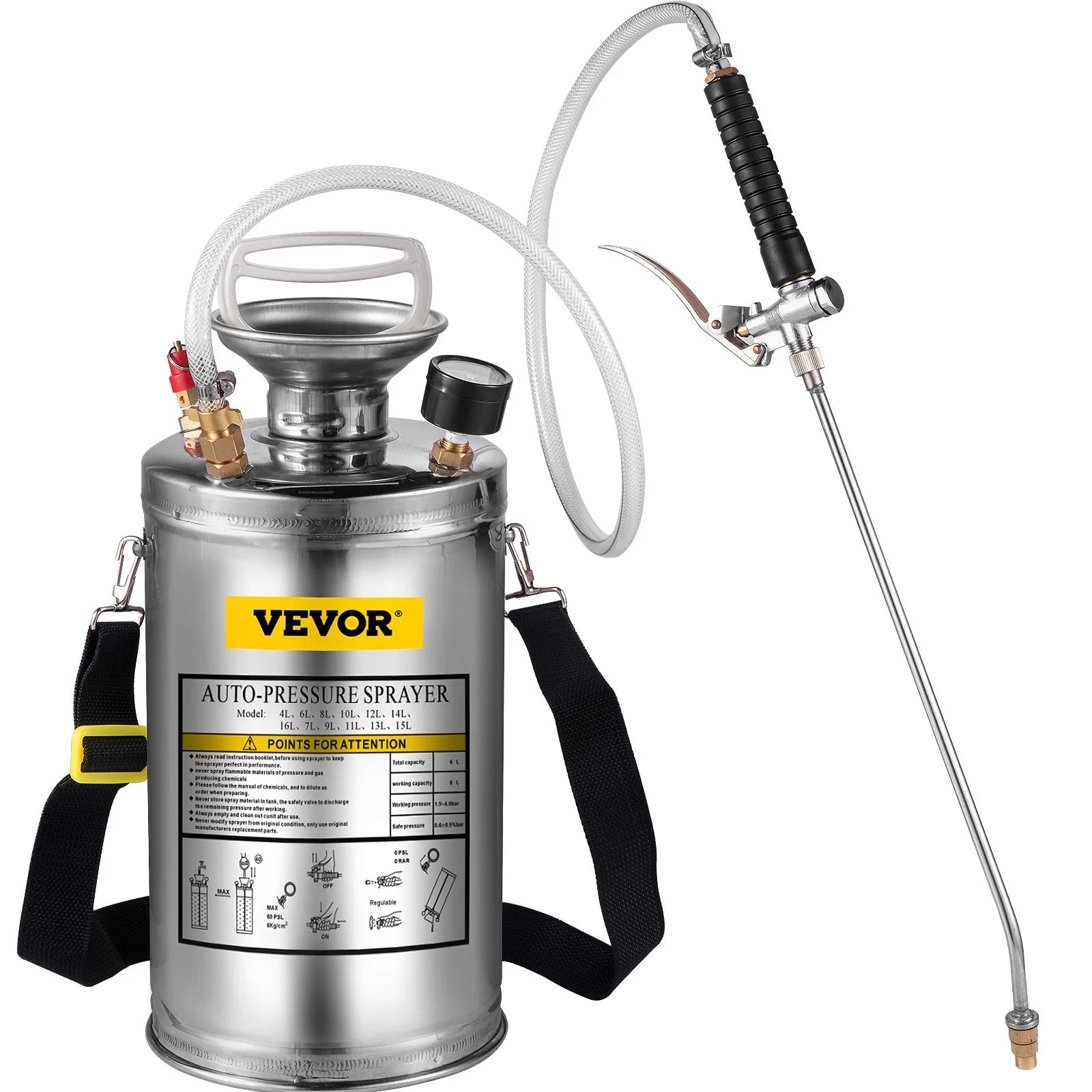 VEVOR 1.5Gal Stainless Steel Sprayer, Set with 16 Wand& Handle& 3.3FT Reinforced Hose, Hand Pump Sprayer with Pressure Gauge&Safety Valve, Adjustable Nozzle Suitable for Gardening& Sanitizing