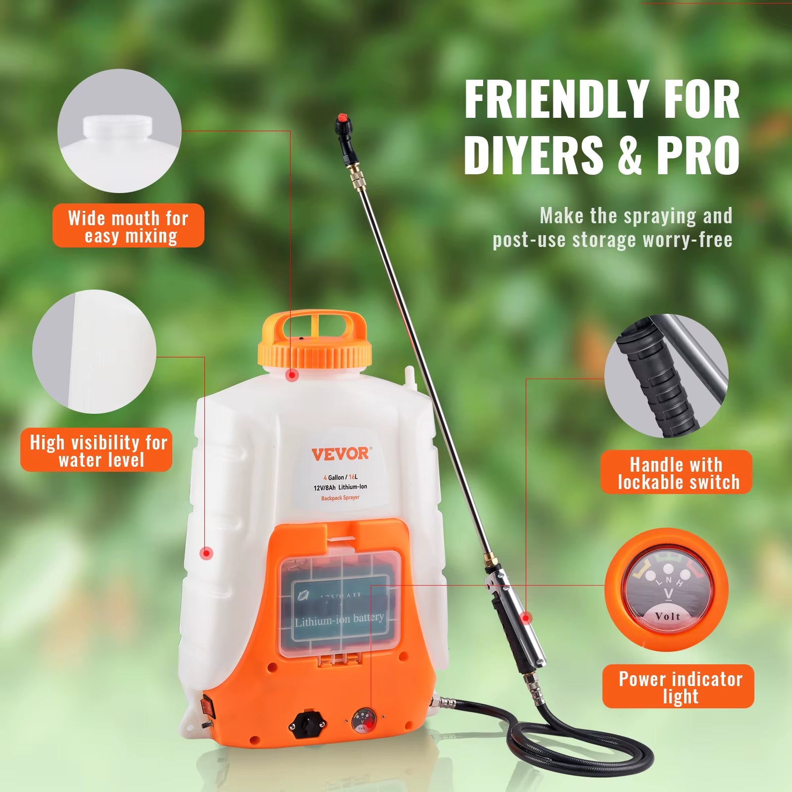 VEVOR Battery Powered Backpack Sprayer Adjustable Pressure 4 Gallon Tank with 8/ 6 Nozzles 2 Wands for Weeding Spraying Cleaning