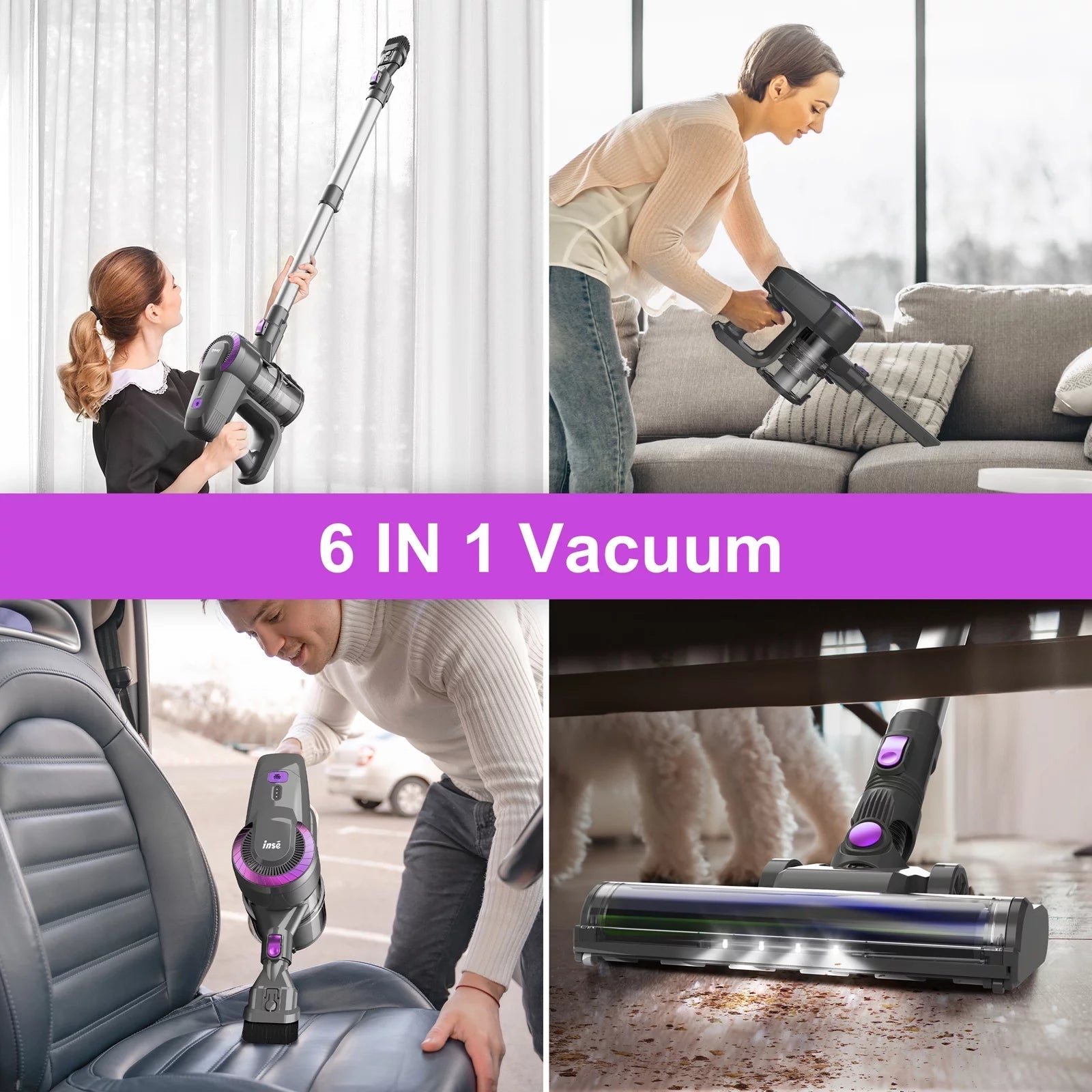 Cordless Vacuum Cleaner, 6-In-1 Stick Vacuum 20Kpa Lightweight for Hard Floor Carpet Pet Hair N370 Purple
