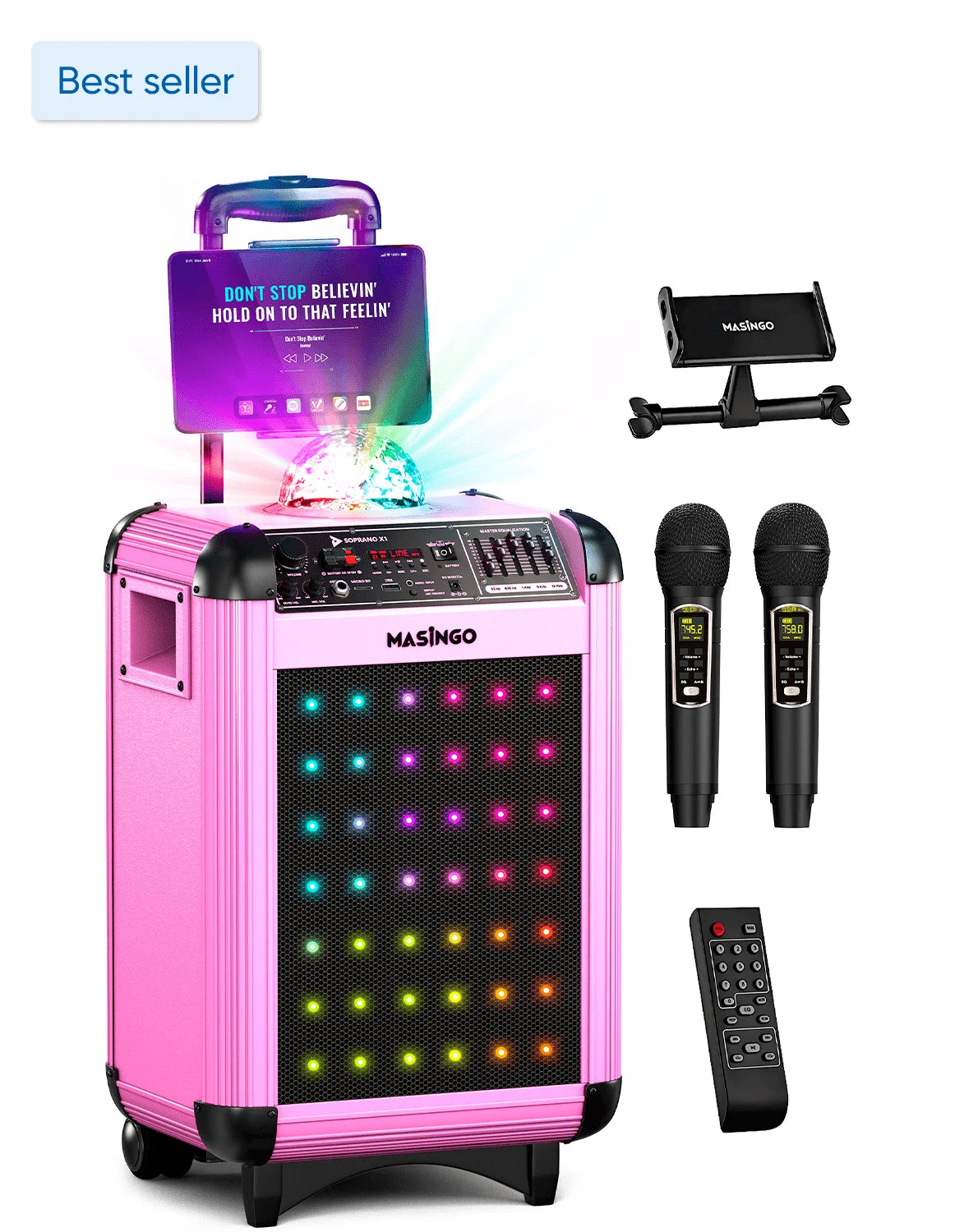 Karaoke Machine for Adults & Kids with 2 UHF Wireless Microphones - Portable Singing PA Speaker System W/Two Bluetooth Mics, Party Lights, Lyrics Display Holder & TV Cable - Soprano X1 Pink