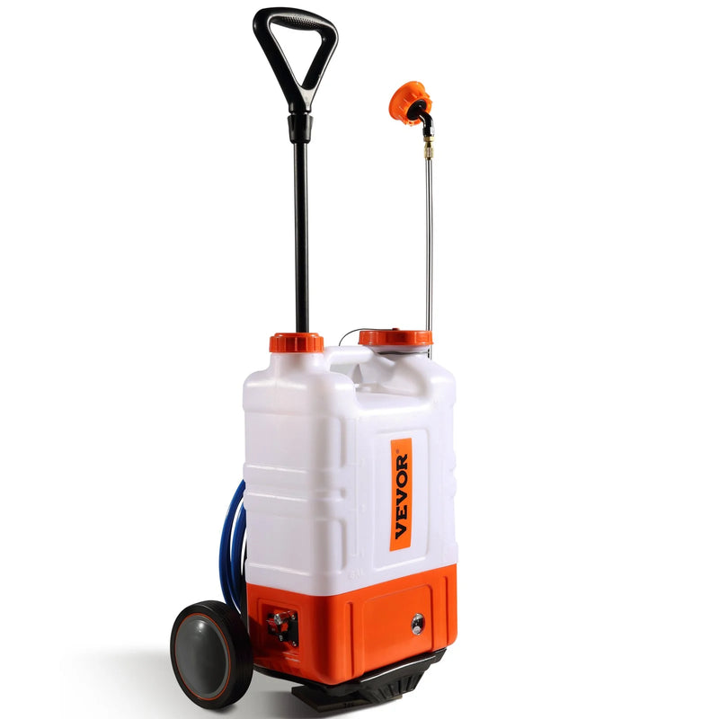 VEVOR Battery Powered Backpack Sprayer with Cart, 0-94 PSI Adjustable Pressure, 4 Gallon Tank on Wheels, with 8 Nozzles and 2 Wands, 12V 7.2Ah Battery, Wide Mouth Lid for Weeding, Spraying, Cleaning