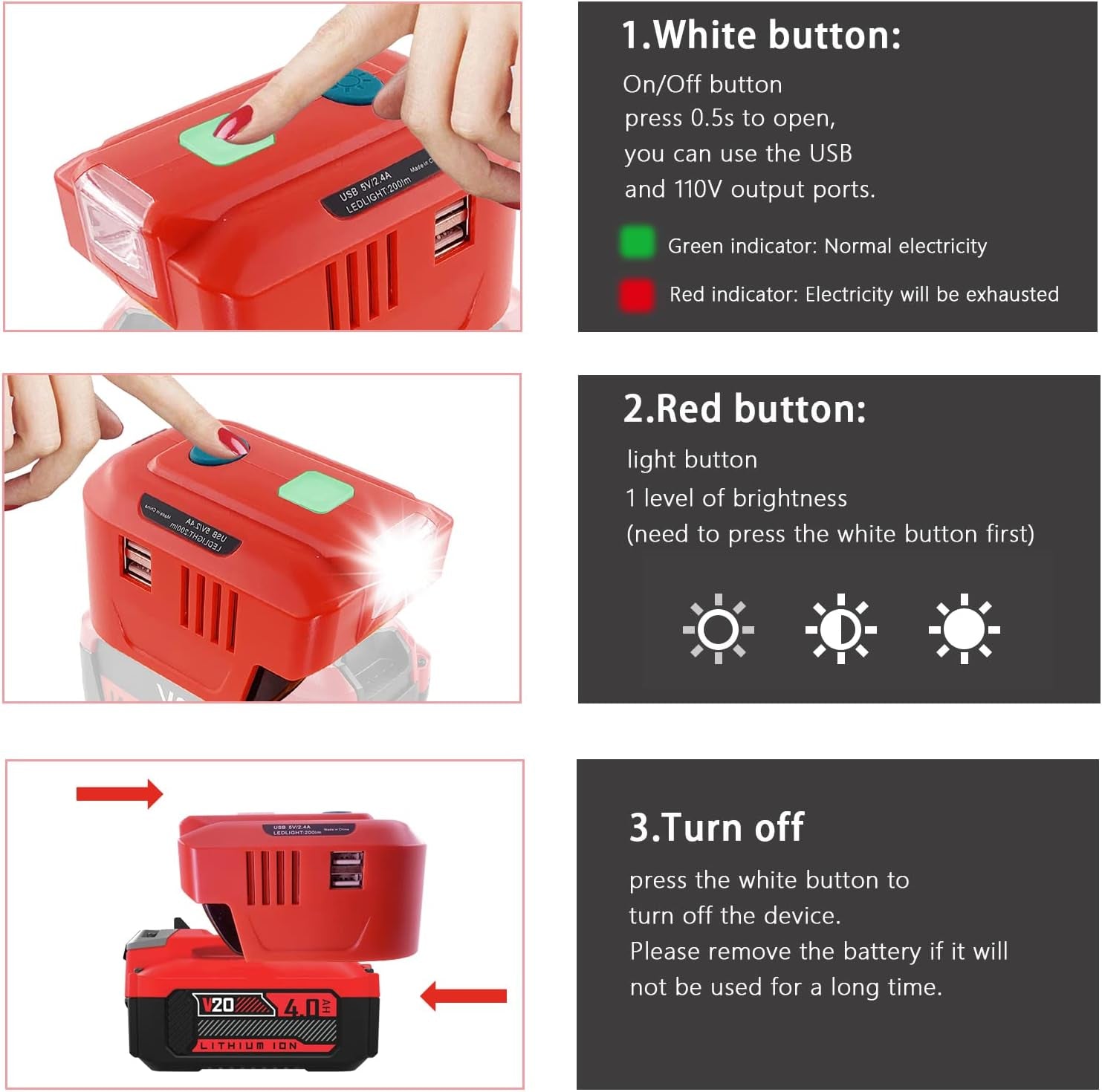 For Craftsman 20V Powered Inverter Generator 150W, for Craftsman Battery DC 20V to 110V AC Output, Portable Power Station Source USB Charger Adapter, with LED Light