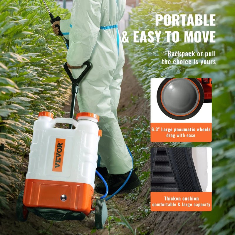VEVOR Battery Powered Backpack Sprayer with Cart, 0-94 PSI Adjustable Pressure, 4 Gallon Tank on Wheels, with 8 Nozzles and 2 Wands, 12V 7.2Ah Battery, Wide Mouth Lid for Weeding, Spraying, Cleaning