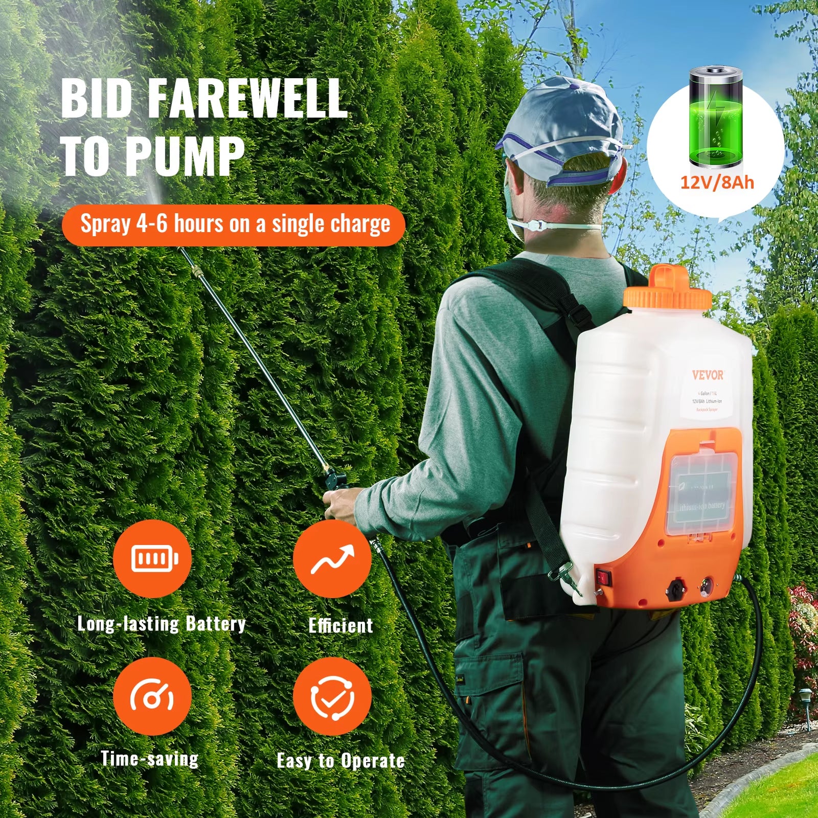 VEVOR Battery Powered Backpack Sprayer Adjustable Pressure 4 Gallon Tank with 8/ 6 Nozzles 2 Wands for Weeding Spraying Cleaning