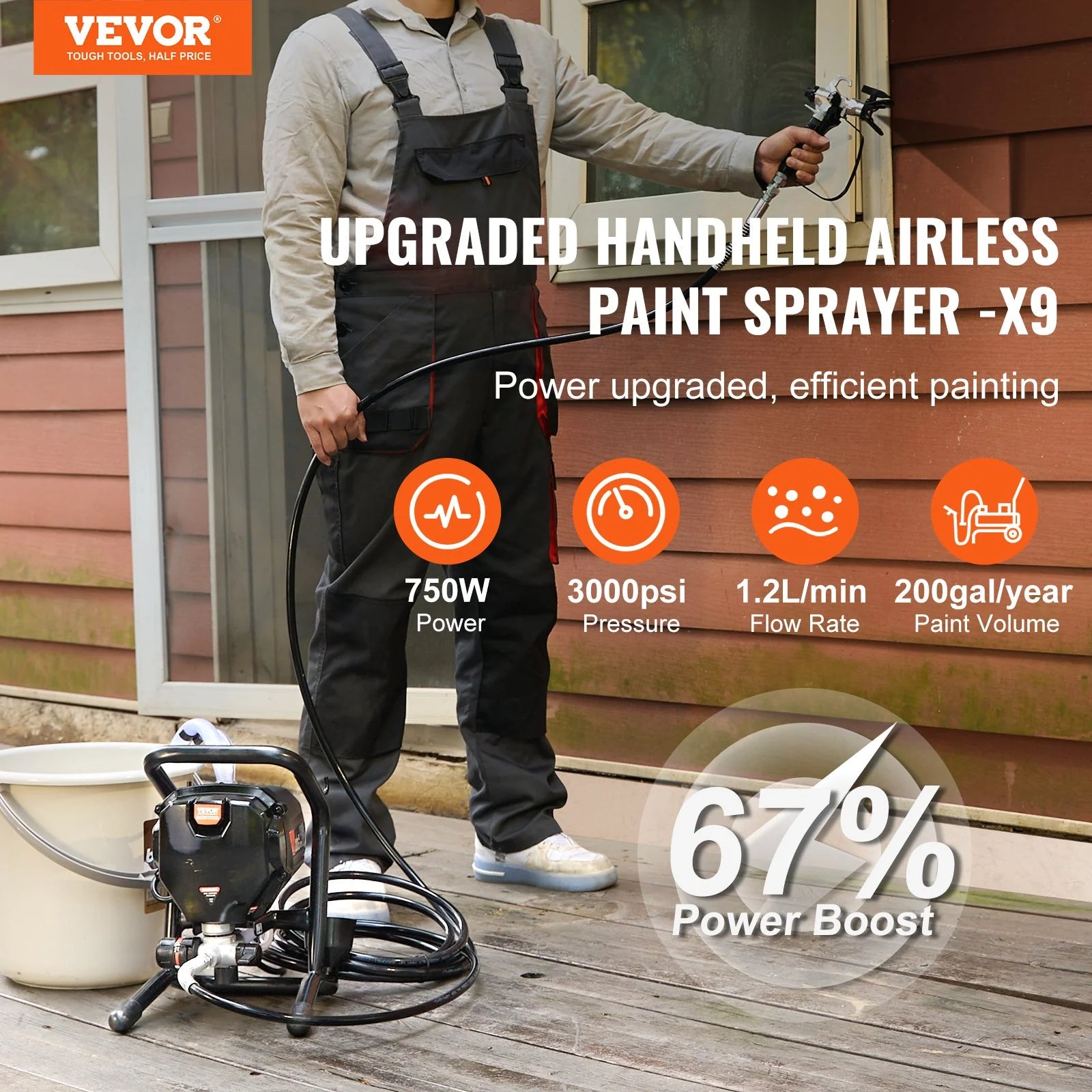VEVOR Stand Airless Paint Sprayer, 3000PSI 750W Efficient Electric Airless Sprayer,For Home Interior and Exterior Furniture and Fences, Handheld Paint Sprayers, Fine and Even Painting Effect