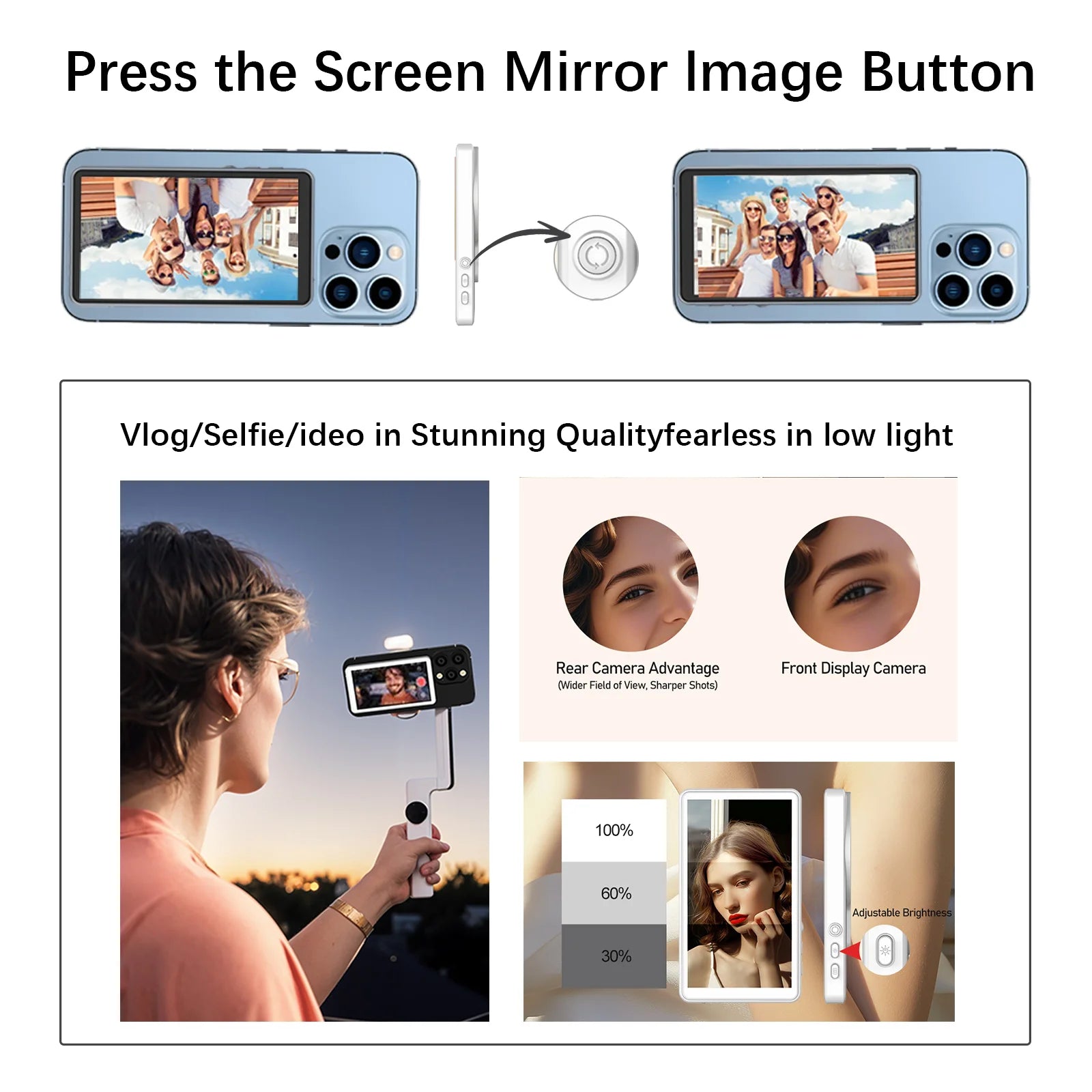 Magnetic Phone Vlog Selfie Monitor Screen, 1080P Wireless Recording, Using Phone Rear Camera for Selfie Vlog Live Stream Tiktok, Compatible with Iphone
