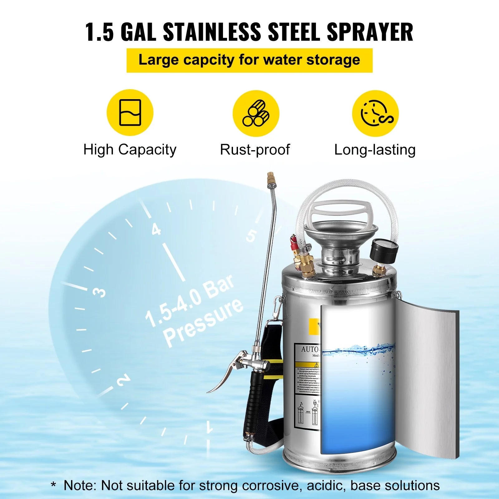 VEVOR 1.5Gal Stainless Steel Sprayer, Set with 16 Wand& Handle& 3.3FT Reinforced Hose, Hand Pump Sprayer with Pressure Gauge&Safety Valve, Adjustable Nozzle Suitable for Gardening& Sanitizing