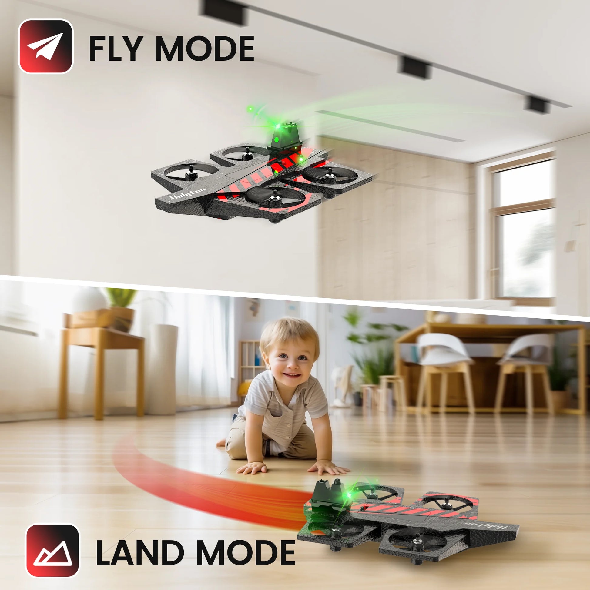 HT40 2 in 1 Drones for Kids Adults, Remote Control Drone Airplane for Beginners, RC Quadcopter Drone with Land Mode Fly Mode, Altitude Hold, Headless Mode, 3D Flips, Emergency Stop