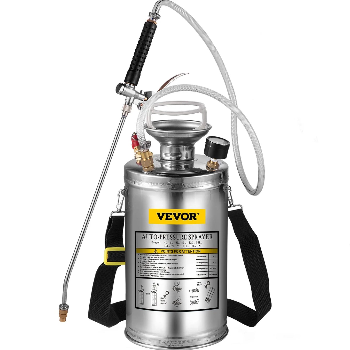 VEVOR 1.5Gal Stainless Steel Sprayer, Set with 16 Wand& Handle& 3.3FT Reinforced Hose, Hand Pump Sprayer with Pressure Gauge&Safety Valve, Adjustable Nozzle Suitable for Gardening& Sanitizing