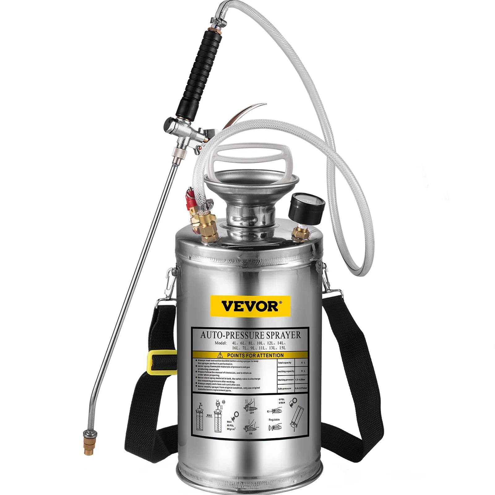 VEVOR 1.5Gal Stainless Steel Sprayer, Set with 16 Wand& Handle& 3.3FT Reinforced Hose, Hand Pump Sprayer with Pressure Gauge&Safety Valve, Adjustable Nozzle Suitable for Gardening& Sanitizing