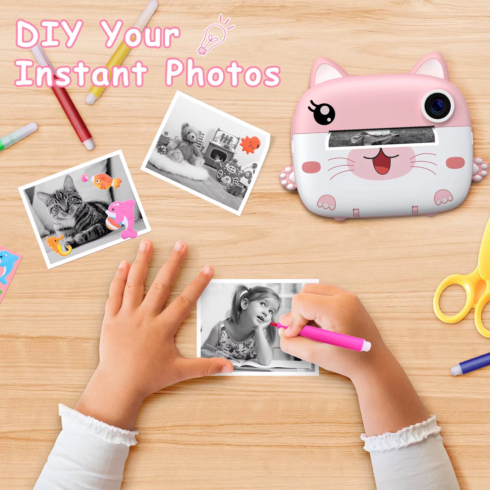 Kids Instant Print Camera 2.4 Inch 1080P Digital Camera Portable Cartoon Video Camera with 32GB Card & 5 Color Pens