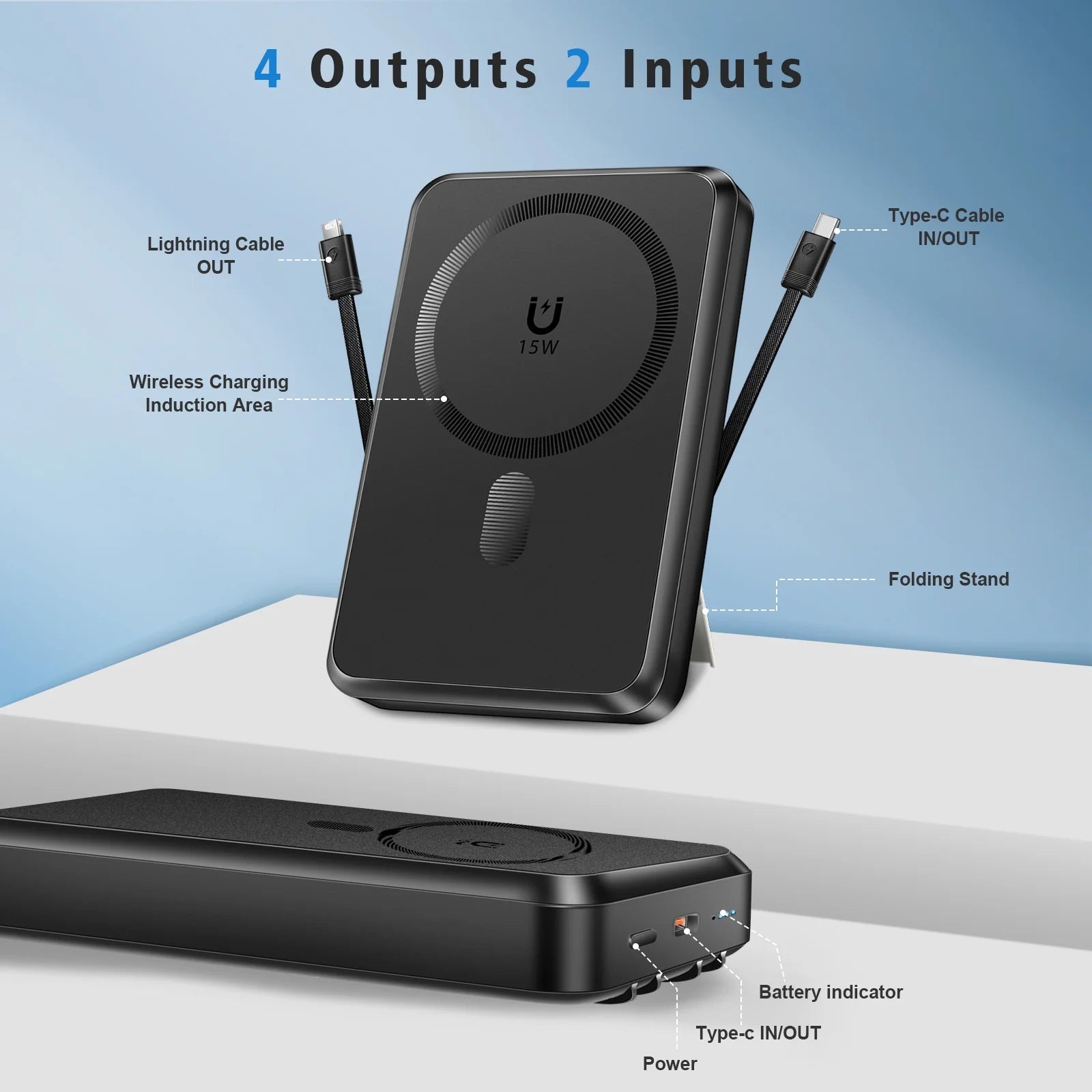 Magnetic Power Bank, 10,000Mah Wireless Portable Charger with 15W Max Fast Charging, Magsafe Battery Pack with Built-In USB-C Cable and Adjustable Stand, for Iphone 16/15/14 All Series-Black