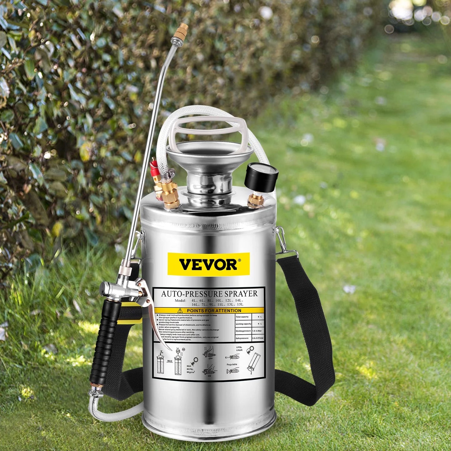 VEVOR 1.5Gal Stainless Steel Sprayer, Set with 16 Wand& Handle& 3.3FT Reinforced Hose, Hand Pump Sprayer with Pressure Gauge&Safety Valve, Adjustable Nozzle Suitable for Gardening& Sanitizing