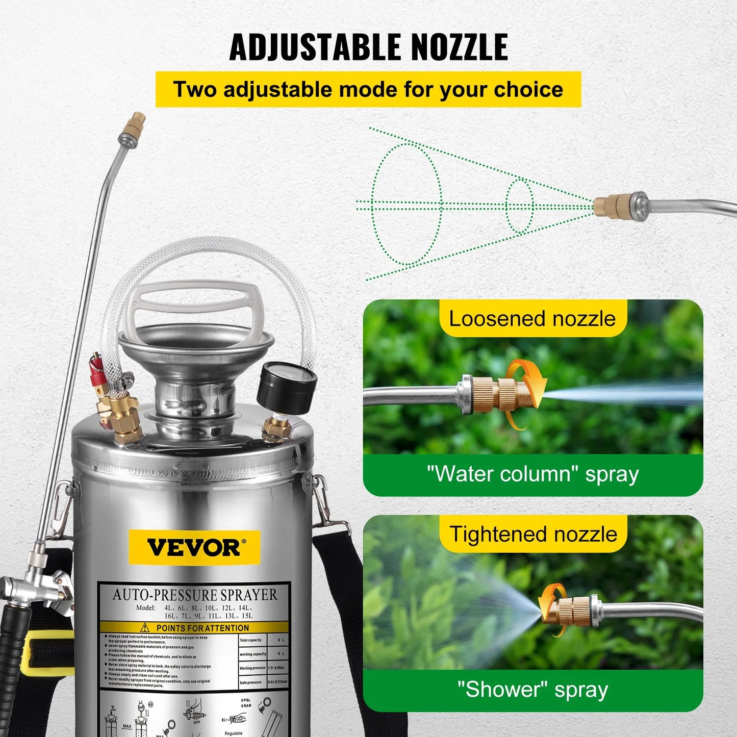 VEVOR 1.5Gal Stainless Steel Sprayer, Set with 16 Wand& Handle& 3.3FT Reinforced Hose, Hand Pump Sprayer with Pressure Gauge&Safety Valve, Adjustable Nozzle Suitable for Gardening& Sanitizing