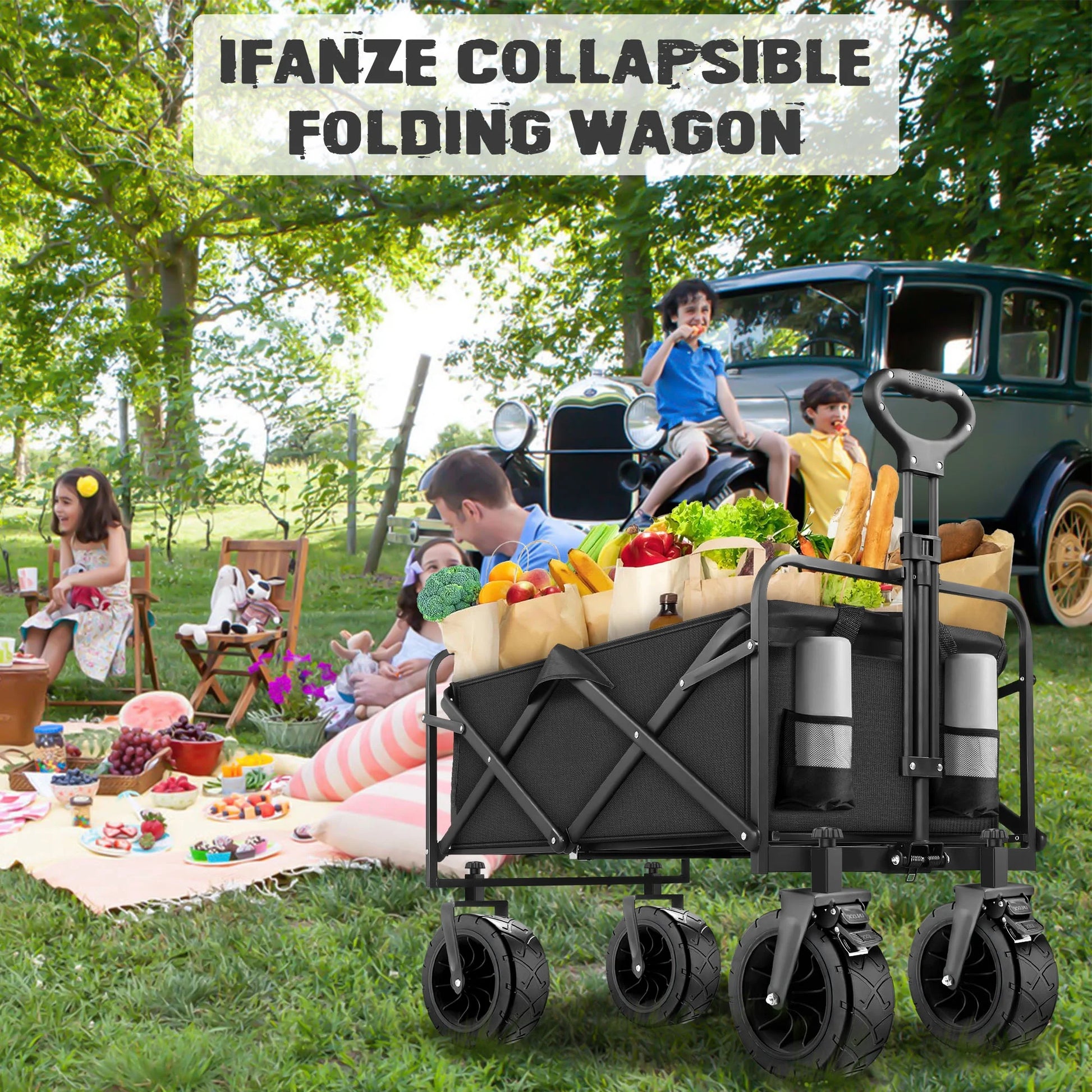 Collapsible Folding Wagon Cart, 560Lbs Heavy Duty Garden Wagon, 155L Large Capacity Utility Foldable Beach Cart with All-Terrain Wheels for Outdoor Camping, Shopping, Sports, Grocery, Black